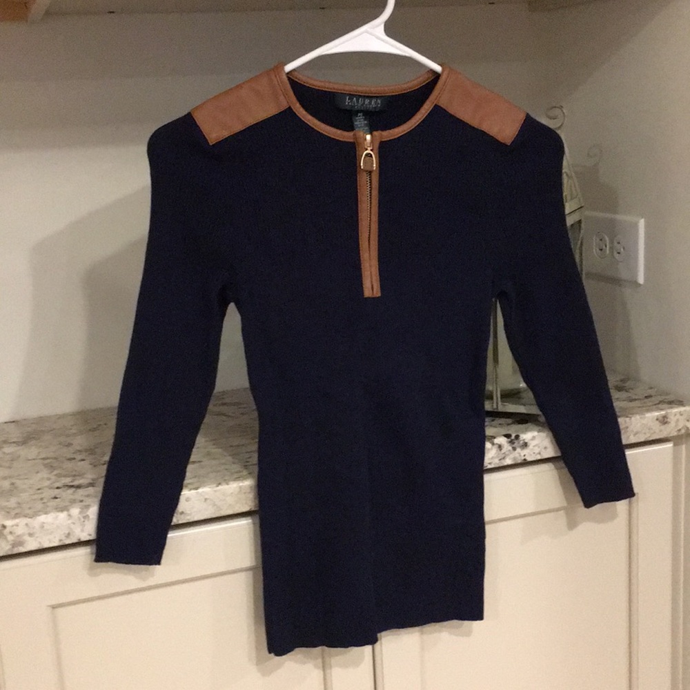 NWOT Navy Quarter-zip Leather Trim elbow Sleeve